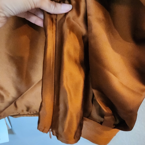 Satin Asymmetrical Cold Shoulder Tie Blouse - Picture 9 of 12